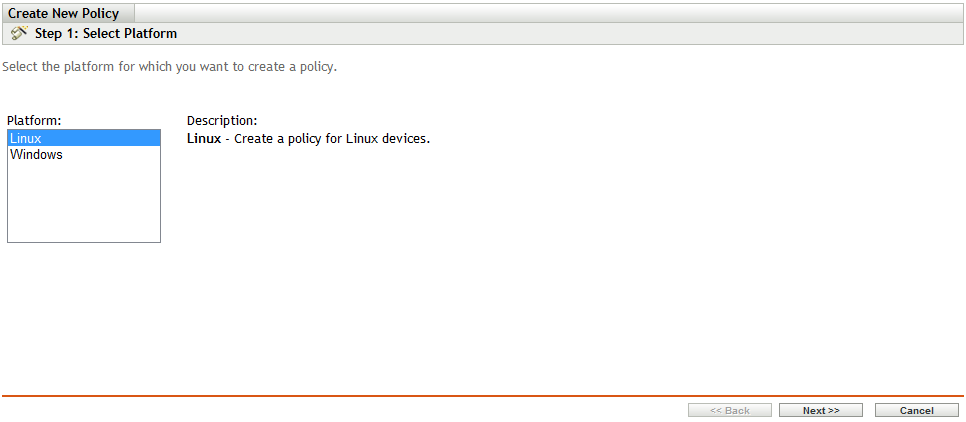 新規ポリシーの作成ウィザードの［Select Platform category(プラットフォームカテゴリの選択)］ページ