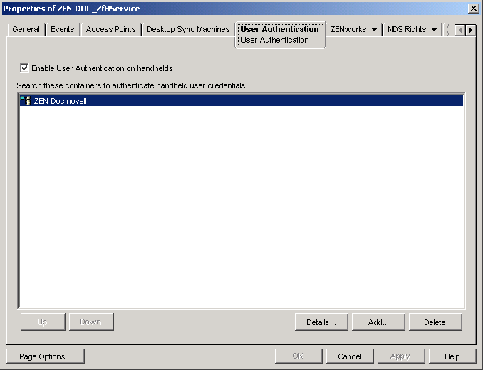ZENworks Handheld Management ServiceIuWFNg̃vpeB_CAO{bNX́mUser Authenticationny[W
