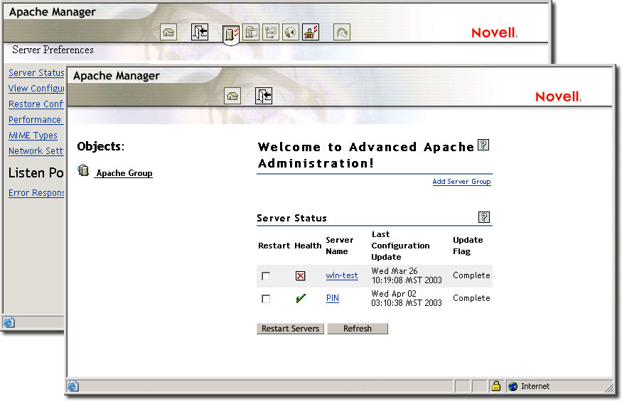 Interfejsy administratora programu Apache Manager dla pojedynczego serwera i wielu serwerw.[apos  ] 