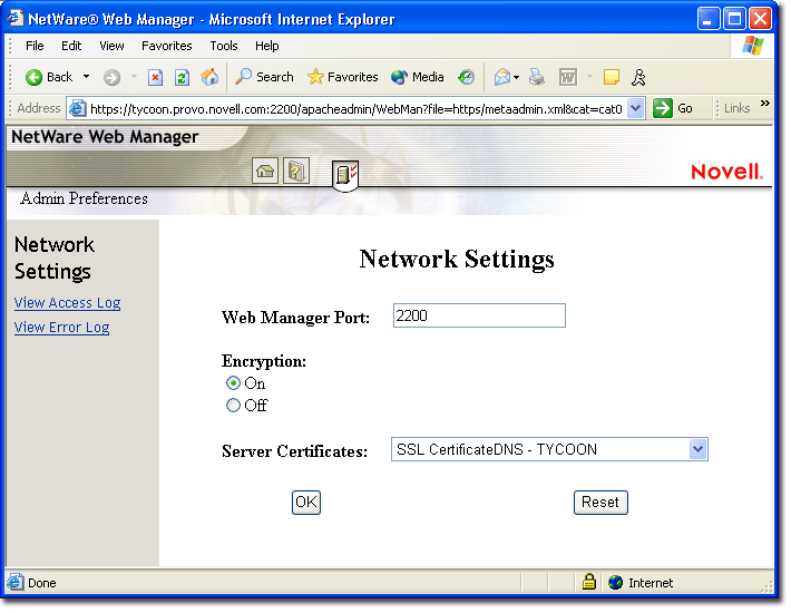 Program NetWare Web Manager wykorzystywany do konfigurowania preferencji strony powitalnej w wersji dla administratora.