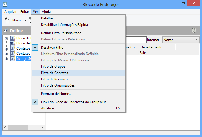 Bloco de Endereços com o menu Ver aberto