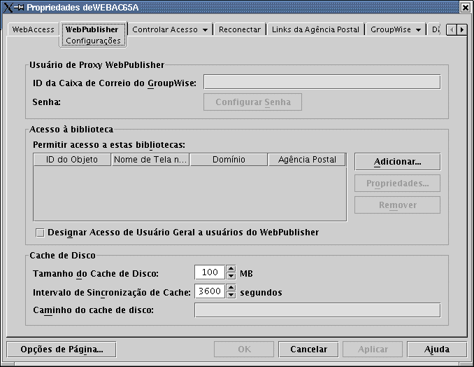 Página de propriedades do WebPublisher