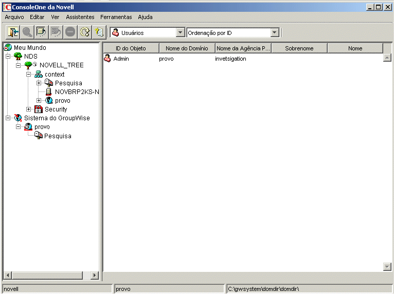 Tela do GroupWise no ConsoleOne