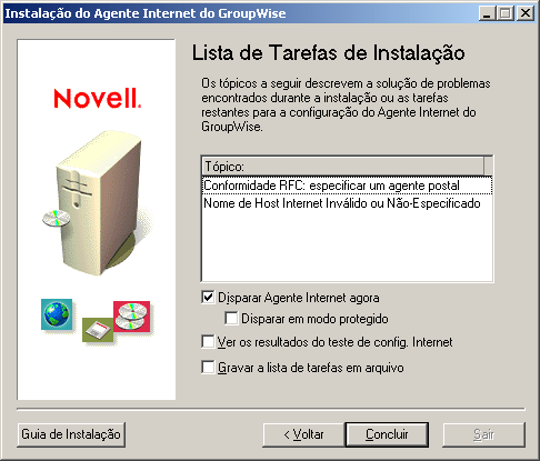 	Página Lista de tarefas de instalação do Agente Internet