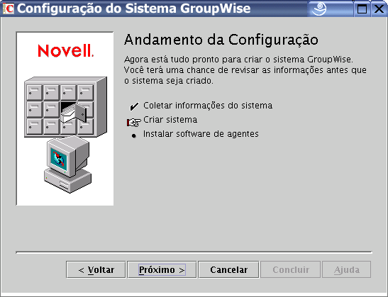 Andamento da Configuração: Página Criar sistema