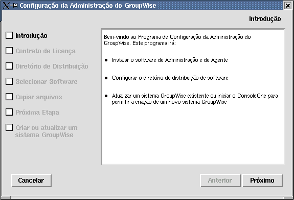 Página Introdução do consultor de instalação do GroupWise no Linux
