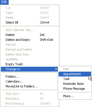 Tela da Caixa de Correio mostrando o submenu Mudar Para do menu Editar