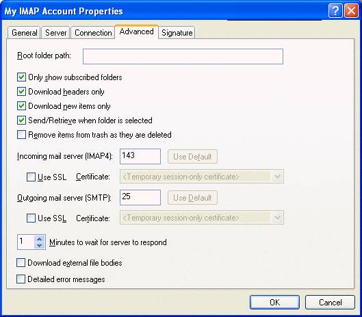 Caixa de diálogo Propriedades da Conta IMAP com a guia Avançado aberta
