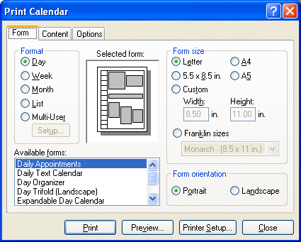Caixa de diálogo Imprimir Calendário