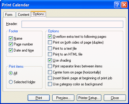 Caixa de diálogo Imprimir Calendário com a guia Opções aberta