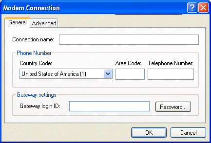 Caixa de diálogo Conexão de Modem com a guia Geral aberta