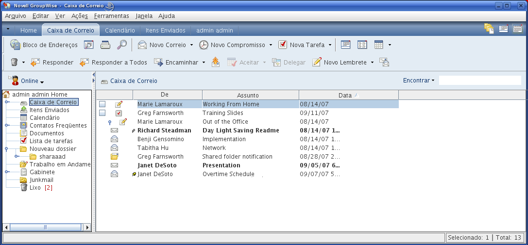 Pasta Caixa de Correio mostrando os itens da Lista de Tarefas