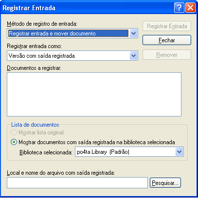 Caixa de diálogo Registrar Entrada