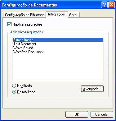 Caixa de diálogo Configuração de Documentos com a guia Integrações aberta