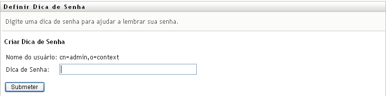 Página Definir Dica de Senha