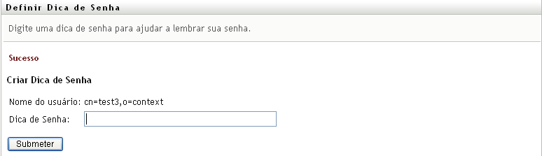 Status de sucesso na página Definir dica de senha