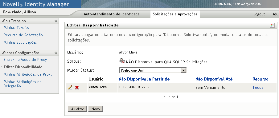 Lista de exibição de Editar Disponibilidade 
