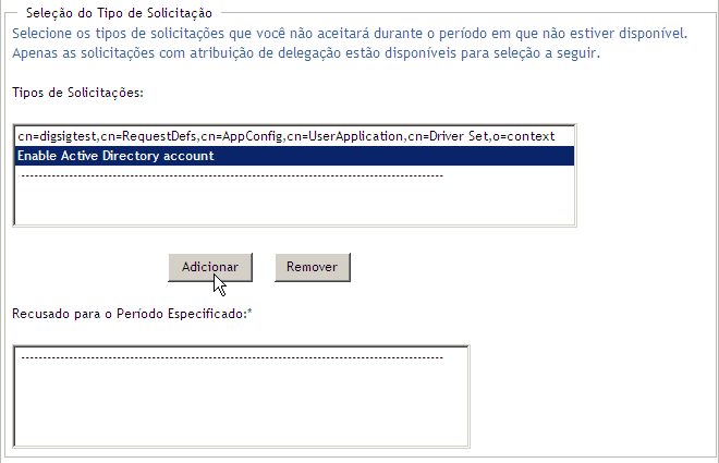 Caixa de seleção Tipo de Solicitação