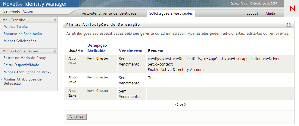 Página Minhas Atribuições de Delegação