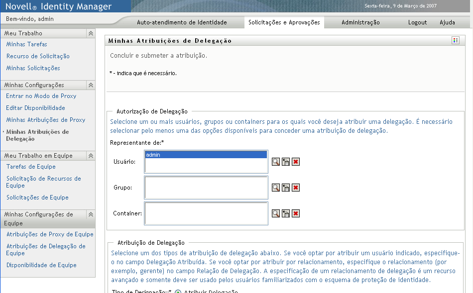 Página Minhas Atribuições de Delegação