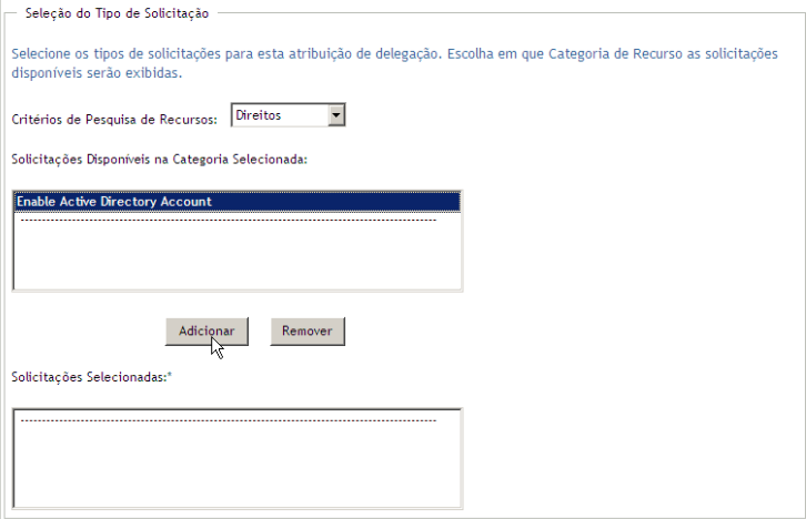 Caixa de seleção Tipo de Solicitação