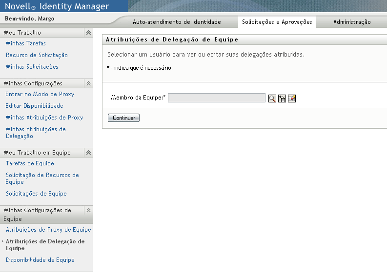 Página Atribuições de Delegação de Equipe