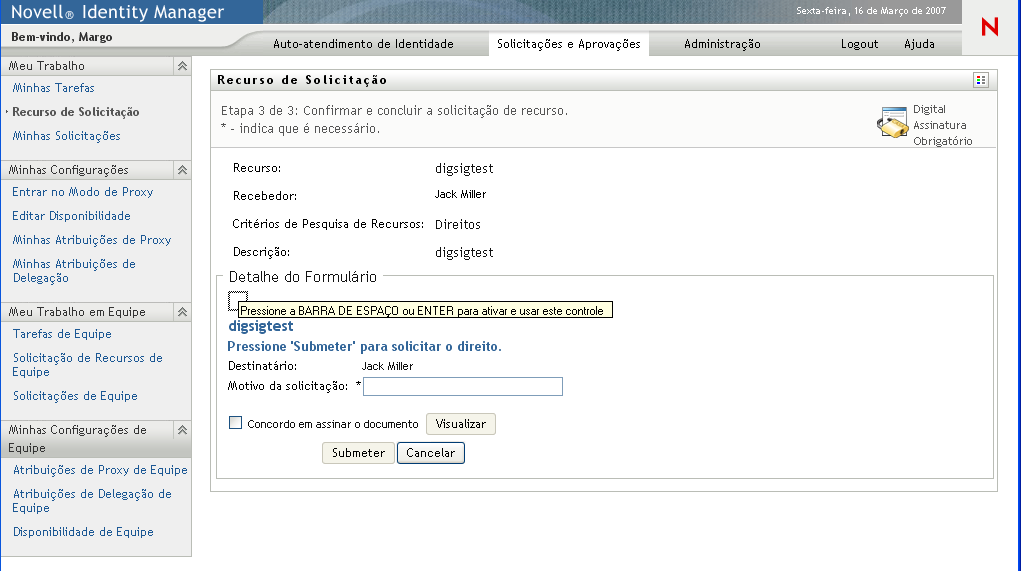 Página Recurso de Solicitação 