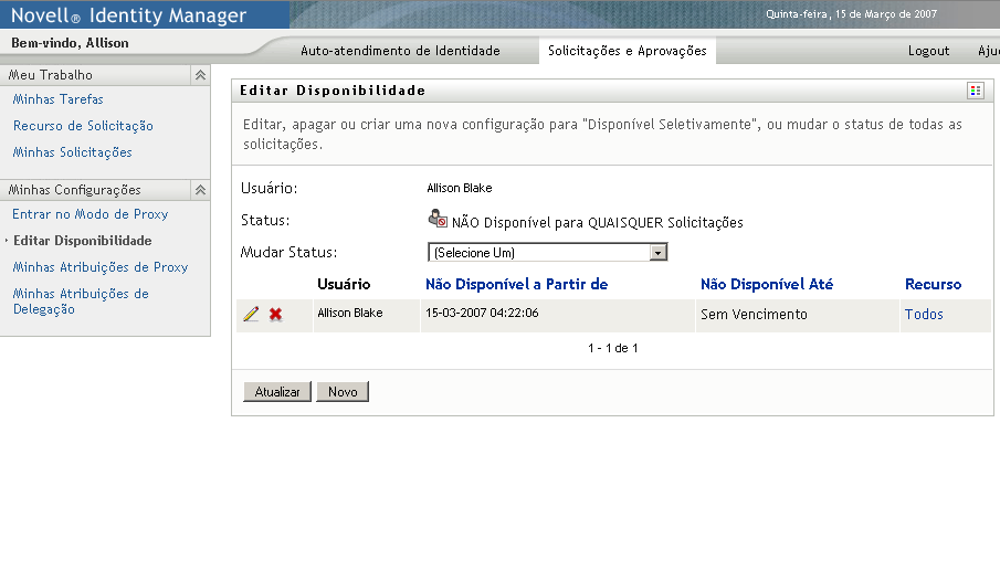 Lista de exibição de Editar Disponibilidade 