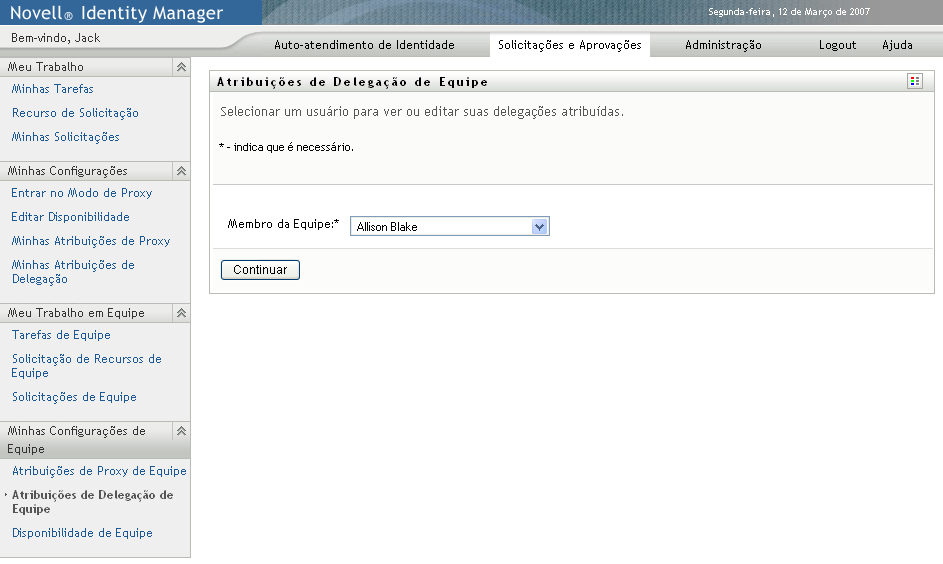 Página Atribuições de Delegação de Equipe