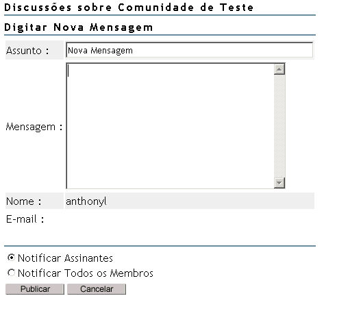 Entrada de mensagem do gadget de discussão
