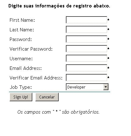 Formulário do gadget de registro