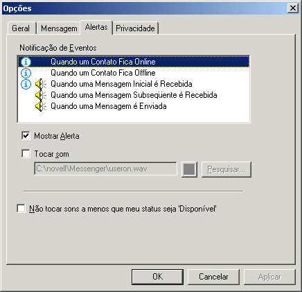 Caixa de di�logo Op��es mostrando a guia Alertas