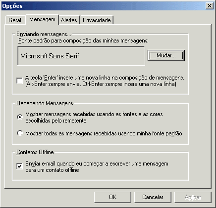 Caixa de di�logo Op��es mostrando a guia Mensagem