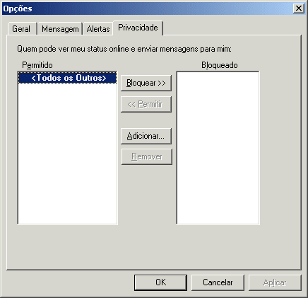 Caixa de di�logo Op��es mostrando a guia Privacidade