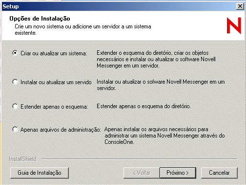 Caixa de diálogo Opções de Instalação