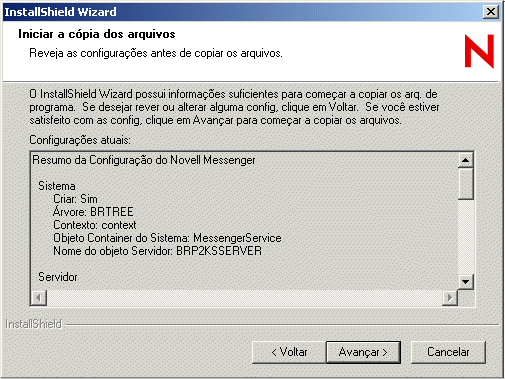 Caixa de diálogo Resumo da Instalação