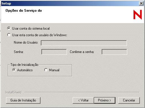Caixa de dilogo Opes do Servio do Windows
