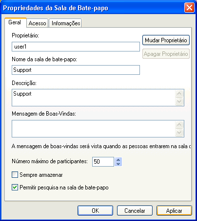 Caixa de di�logo de cria��o de sala de bate-papo