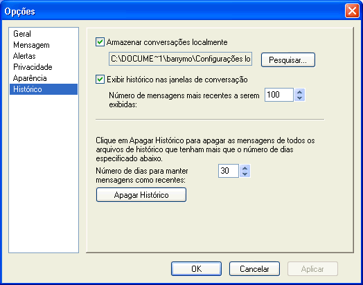 Caixa de di�logo Op��es mostrando a p�gina Hist�rico
