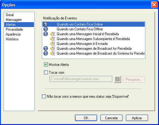 Caixa de diálogo Opções mostrando a página Alertas