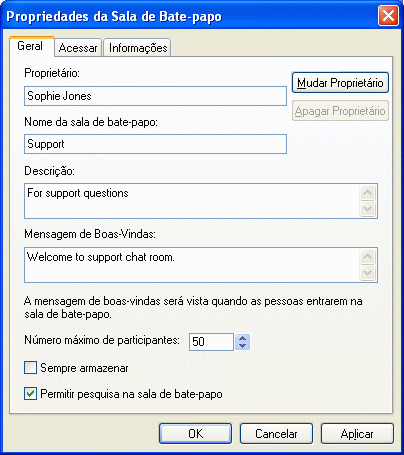 Caixa de diálogo de criação de sala de bate-papo
