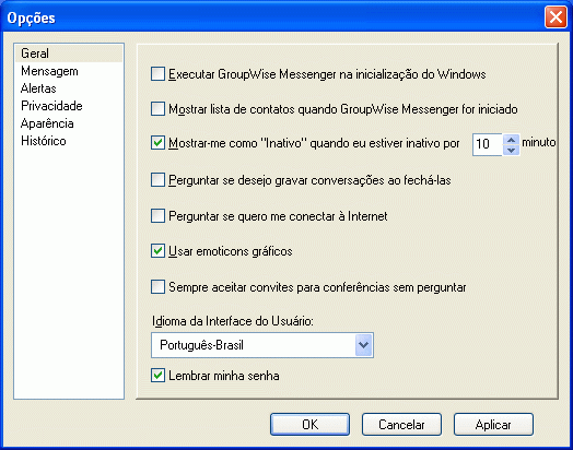 Caixa de diálogo Opções mostrando a página Geral
