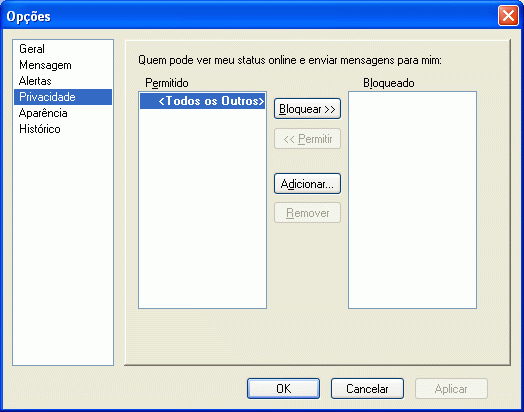Caixa de diálogo Opções mostrando a página Privacidade