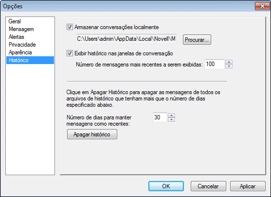 Caixa de diálogo Opções mostrando a página Histórico