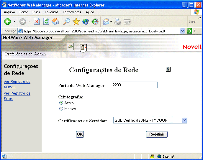 NetWare Web Manager, utilizado para configurar as preferências para a versão de administração do site de boas-vindas na Web.