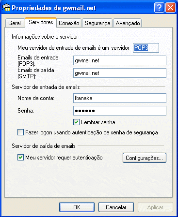 Página de propriedades do servidor para a conta de e-mail