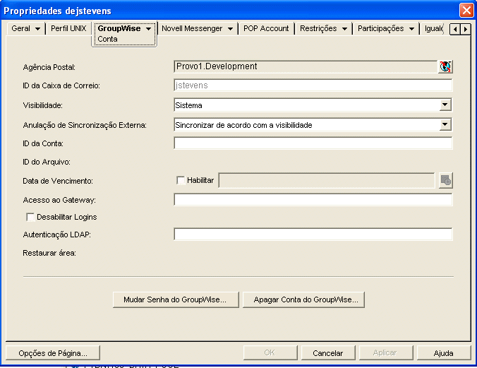 Página de propriedades do usuário