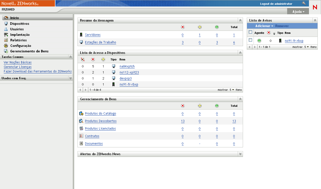 Página Início do ZENworks Control Center