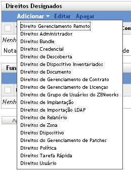 Lista suspensa da opção de menu Adicionar