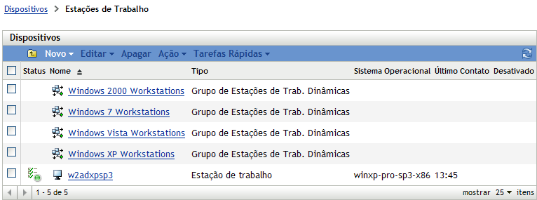 Lista de grupos de estações de trabalho classificados pelo sistema operacional